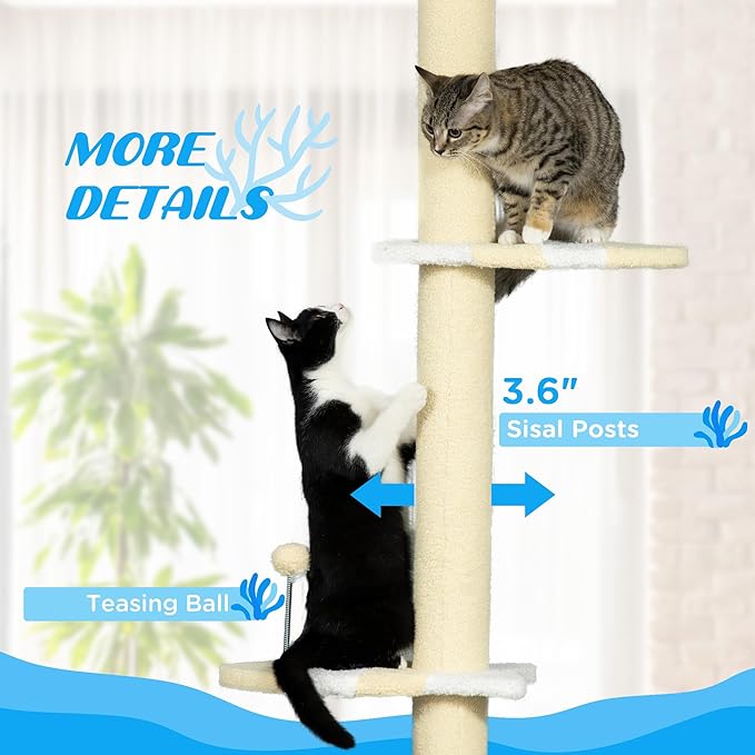 PawHut 87"-103" Floor to Ceiling Cat Tree, 4 Tier Tall Height Adjustable Cat Tower with Plush Platforms, Sisal Scratching Posts, Toy Ball, for Indoor Cats, Yellow