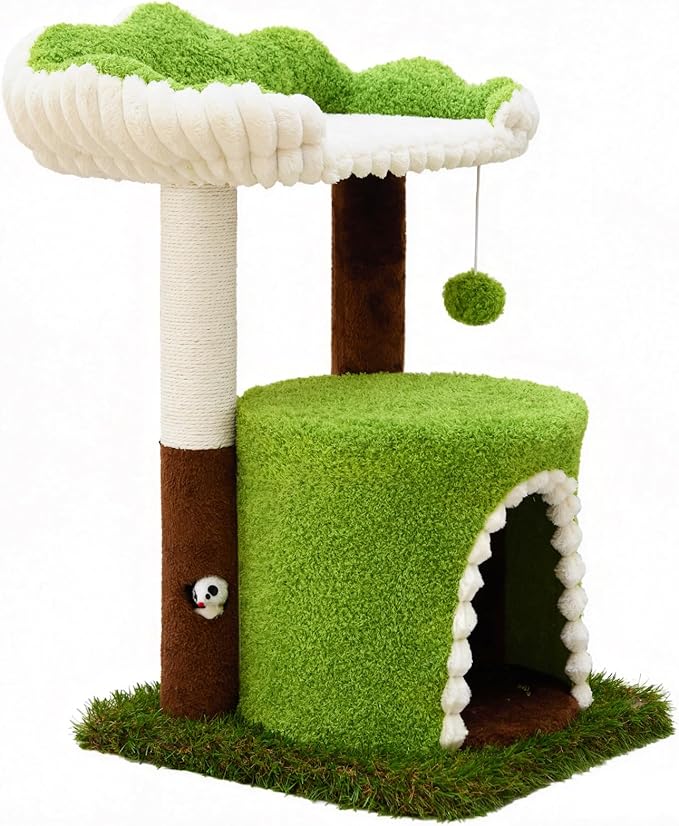 Multi-Level Cat Tree with Sisal Scratching Post, Small Cat Tower with Cozy Condo, Soft Top Perch and Interactive Toy Mouse, Cute Forest Design Cat Furniture for Indoor Cats and Kittens