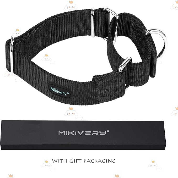 Mikivery Martingale Dog Collar Nylon Adjustable and Safety Training Colourful Comfortable Metal Buckle Pet Collars for Small Medium and Large Dogs(Black,L)