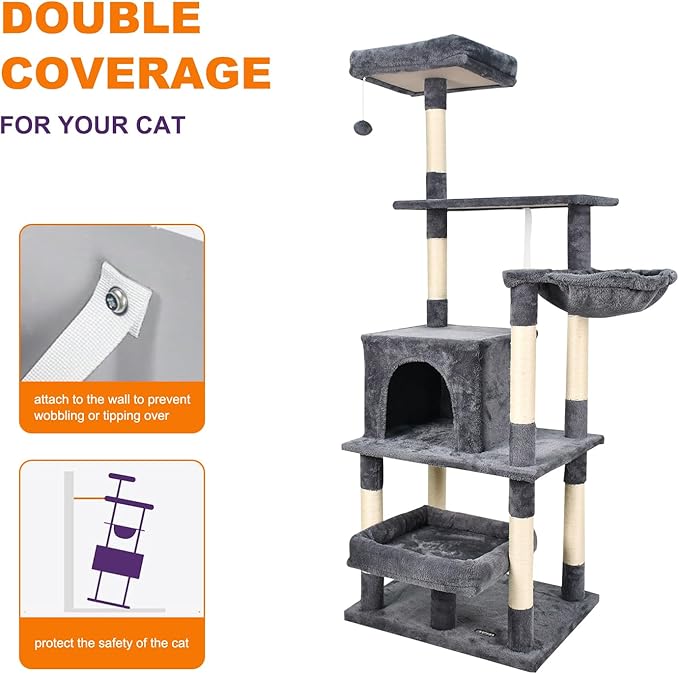 66-in Heavy-Duty Cat Tree for Large Cats, Multi-Level Tower with Sisal Scratching Posts, Plush Perch, Hammock & Condo Anti-Tip Design