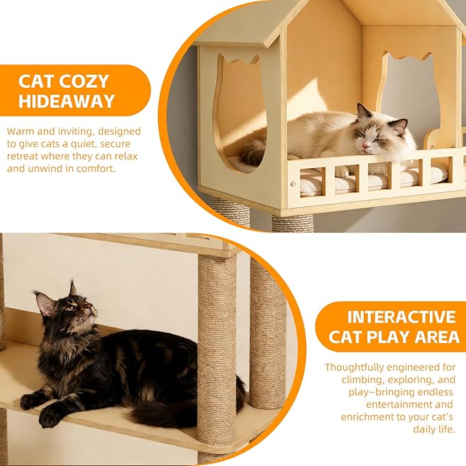 Wood Cat Tree for Automatic Litter Box, 60.2 Inch Tall Modern Cat Tree Tower with Litter Box Enclosure, Multi-Level Wooden Cats Tower Furniture with Scratching Posts, Condo House for Indoor Cats