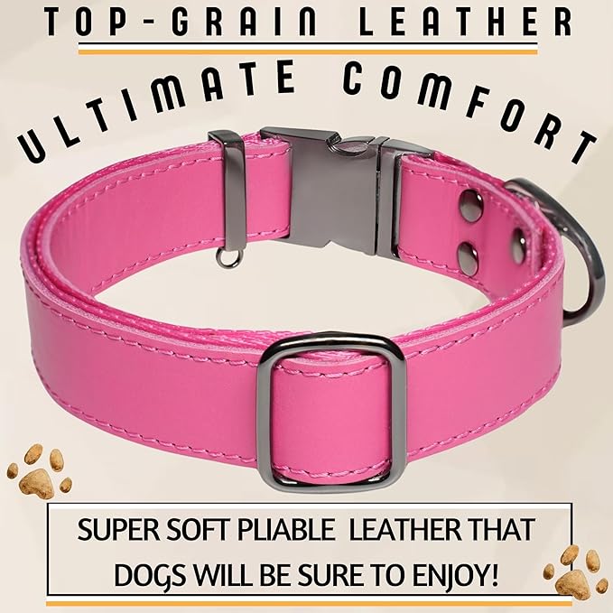 ADITYNA Pink Leather Dog Collar with Metal Buckle - Heavy-Duty, Adjustable for Large & Extra Large Girl Dogs - Walking & Training (Pink, Fits 19-30" Necks)
