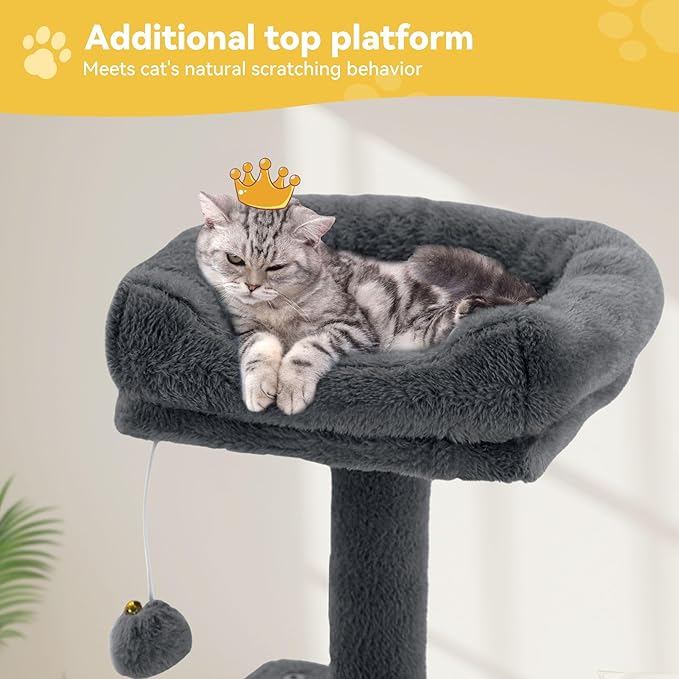 DWVO 44in Cat Tree for Indoor Kittens: Cat Tower Multi-Level with Scratch Posts, Window Padded Plush Perch, Hammock, and Interactive Pompoms Dark Gray