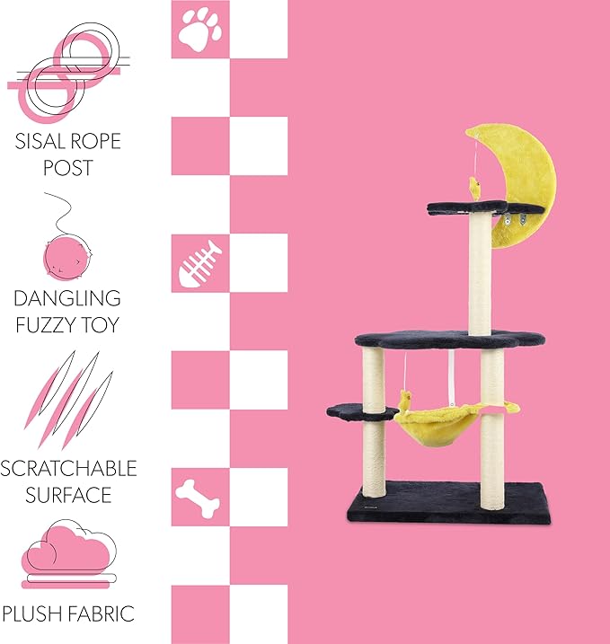 CTR1003A Aurora 49" 3-Tier Modern Sisal Moon and Stars Cat Tree with Scratching Posts, Basket, and Fuzzy Bell Toys, Navy/Yellow/White