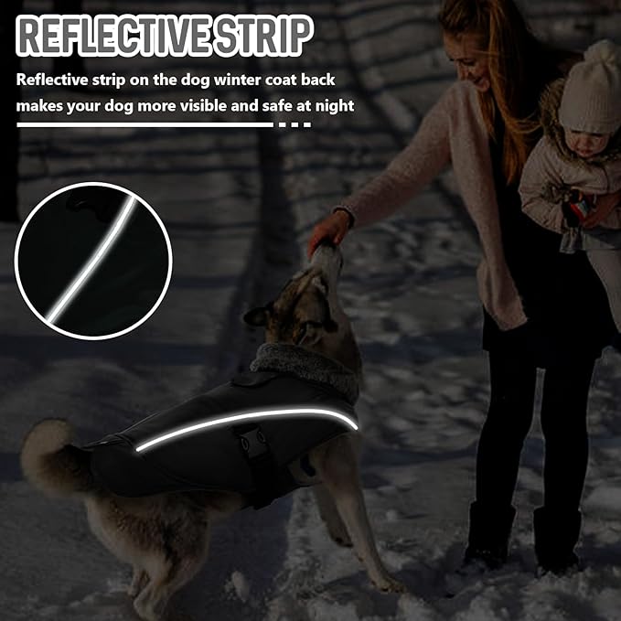 DENTRUN Winter Warm Dog Coat Reflective Jacket with Turtleneck for Cold Weather, Adjustable Buckle Windproof Water Repellent, Thick Snowsuit Fleece Vest for Small, Medium, Large Dogs, Black, XXL