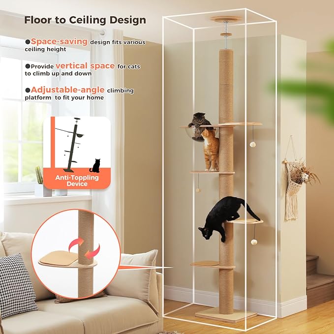 Floor to Ceiling Cat Tree for Indoor Cats, 5-Tier Adjustable Height (79-103 Inch) Sturdy Wooden Tall Cat Climbing Tower with 4.1" Thick Scratching Posts, Acrylic Cave, Non-Slip Pads & 3 Pompoms