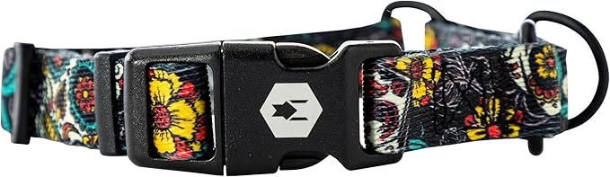 Wolfgang Heavy Duty Martingale Dog Collar with Quick Release Nylon Buckle for Walking & Training, LosMuertos Print, Large