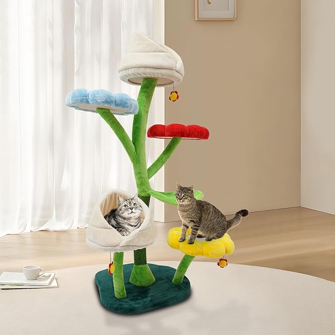 Flower Cat Tree, Cute Cat Tower with 3 Flower Platforms - 2 Nest, 6-Tiers Freestanding 63.8 InchTall Multi-Level Climbing Tree for Indoor Cats, Easy Assembly, Colorful