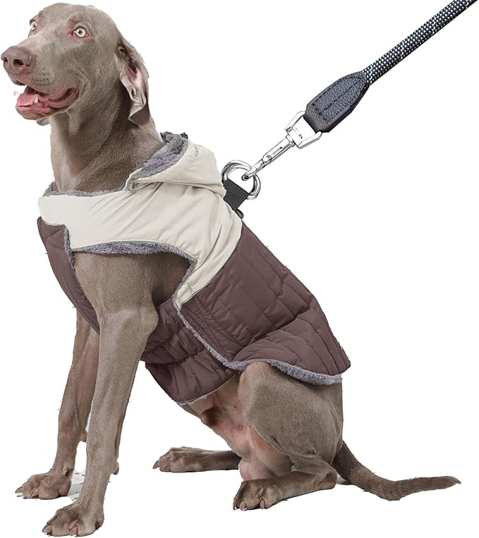 Detachable Hooded Dog Coat with Harness for Large Dogs,Super Warm Fleece Puppy Jacket for Cold Winter Doggie Coats,Brown XXXL