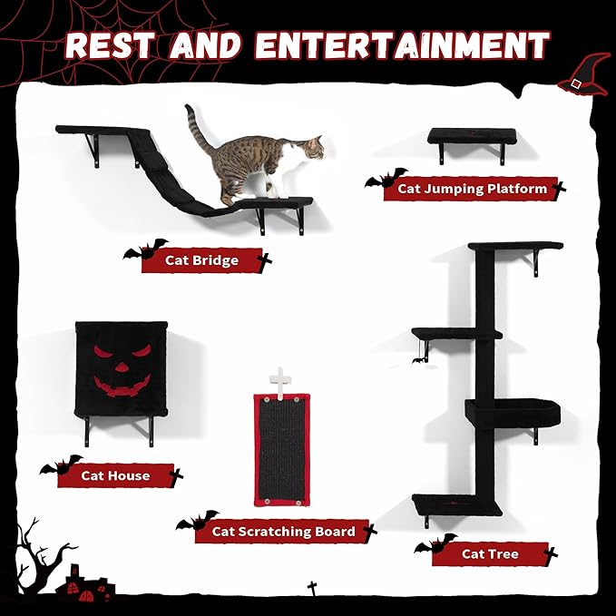 5 Pcs Wall-Mounted Climber Set, Wood Indoor with Shelves and Perches, Ladder, Condo House, Scratching Board and Tree, Wall Shelves Furniture for Cats (Black&Red)