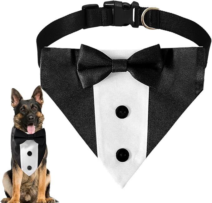 Dog Tuxedo Bandana Collar with Bow Tie, Adjustable Formal Suit Costume for Small Medium Large Dogs, Wedding Engagement Birthday Pet Outfit (Large)
