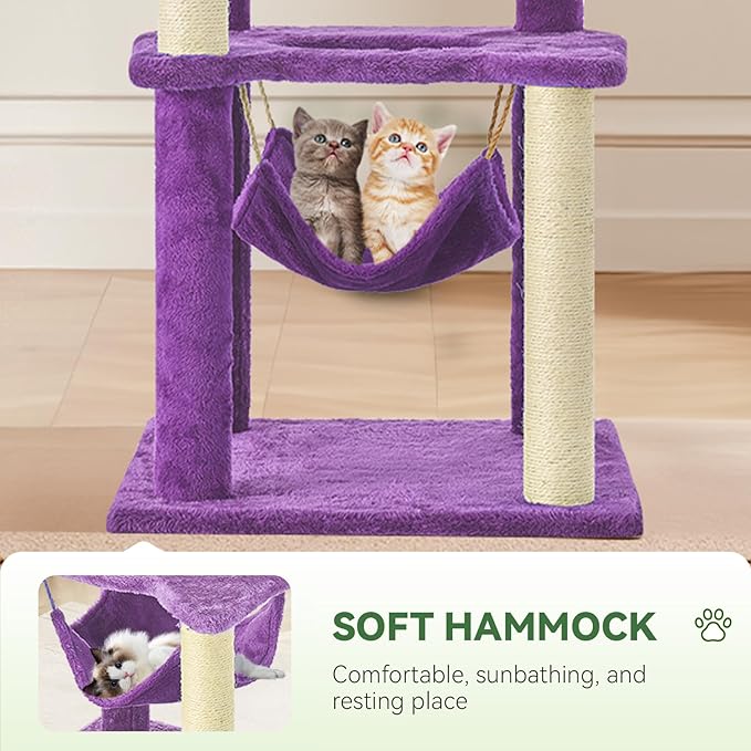 60" Cat Tree for Indoor Cats with Green Leaves, Multi-Level Large Cat Tower with Hammock, Plush House w/Hang Ball Toy and Scratching Posts (Purple)