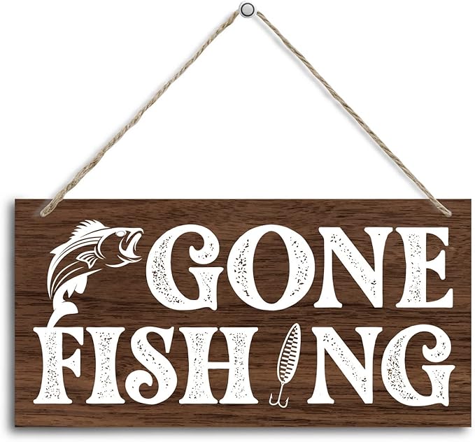 Funny Gone Fishing Wood Decor Sign, Hanging Printed Wooden Plaque Decor, Rustic Home Decor Sign, Hanging Fishing Decor Sign, Gifts for Men, Rustic Farmhouse Wall Decor Sign 12x6 inch