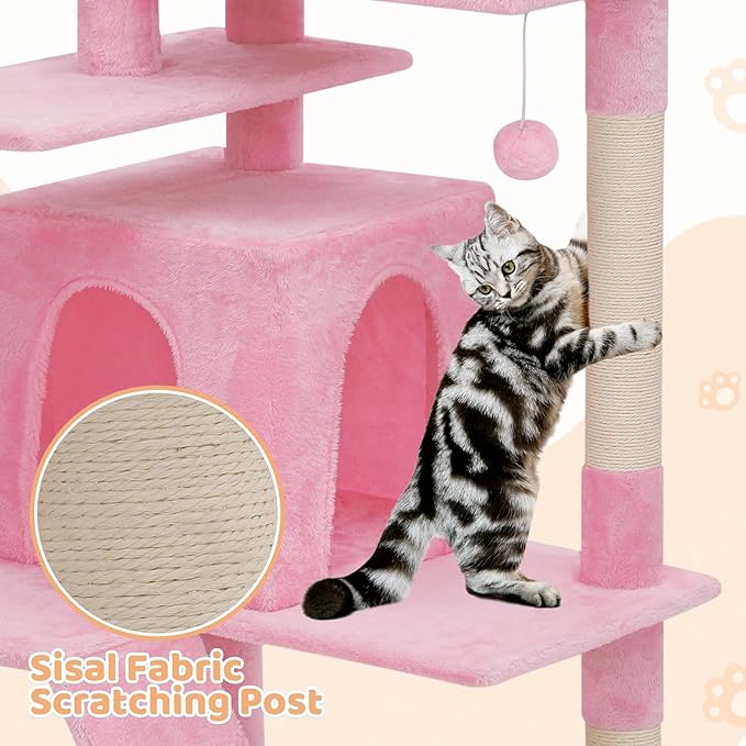 Tall Cat Tree with Scratching Post, 2 Cat Condos and Ladder, Cat Tower for Indoor Cats Kittens Climbing Tower with Anti-Tipping Rope, 77 Inch, Soft Pink