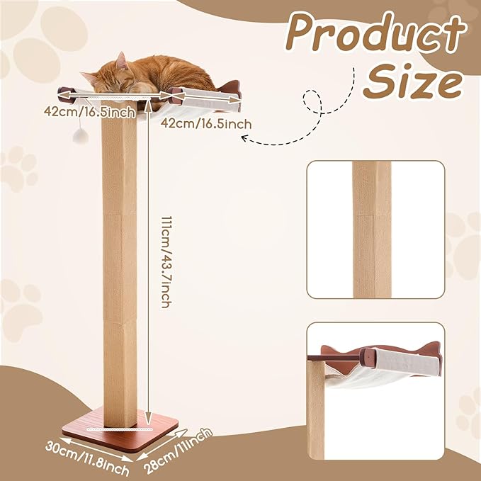 Sintuff Cat Window Perch with Scratching Post Climbing Tree Hammock Mounted with Suction Cups 46 Inch Tall Adjustable Narrow Cat Tree Climbing Pole for Playing Sleeping Watching Birds(Square)