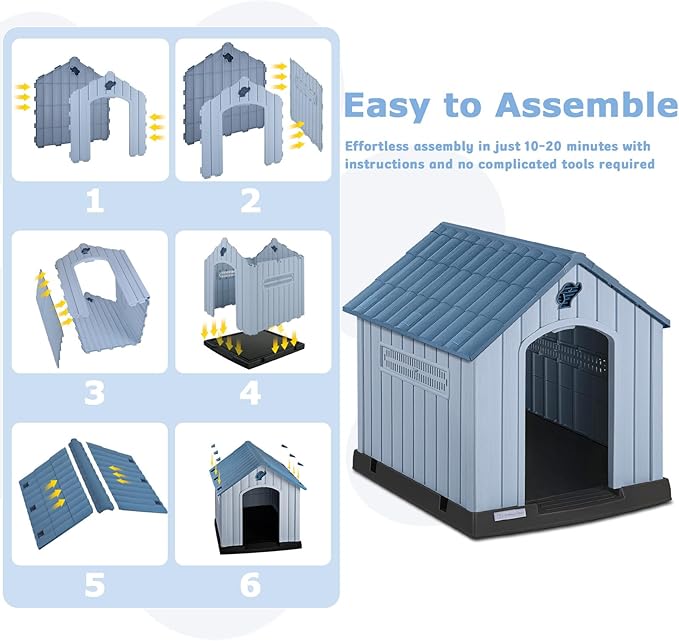 PUKAMI Large Dog House Outdoor Indoor, Plastic Dog House Weatherproof for Large Dogs, Sturdy Puppy Shelter with Air Vents and Elevated Floor, Easy Clean and Assemble (Blue, 31.5"D x 33.5"W x 33.9"H)