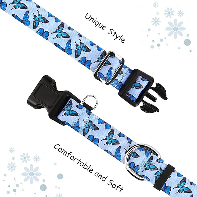 Martingale Dog Collar with Buckle Adjustable Nylon Cute Girl No Pull Anti Escape Training Dog Collars (Blue Butterfly, Medium)