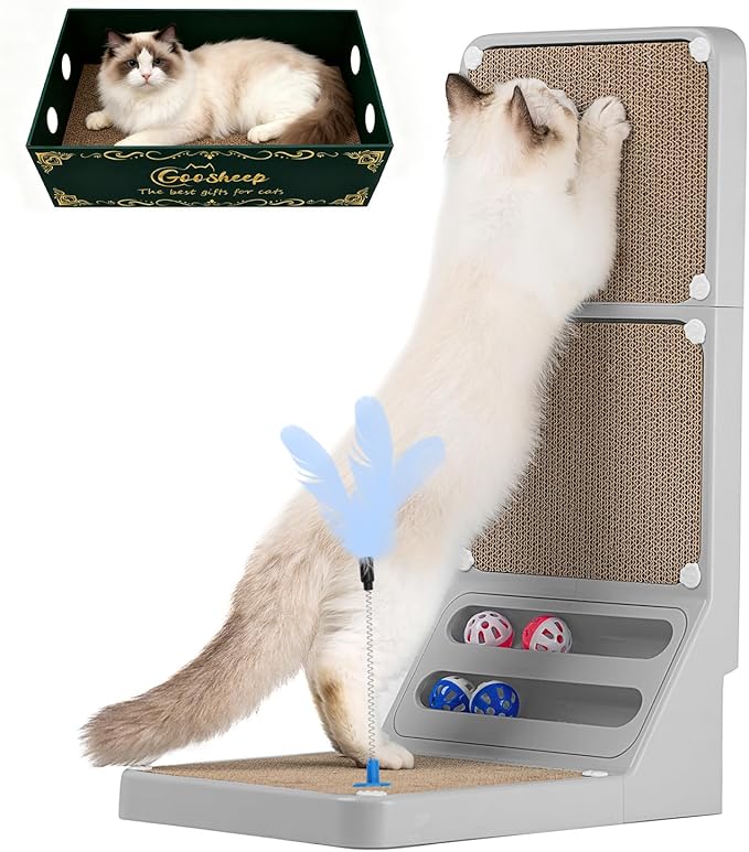 Cat Scratching Board Cat Scratching Post,2-in1 L Shaped Cats Cardboard Scratcher with Box, Kitten Scratcher Ball Wall Scratchers Pad for Indoor Cats Grey