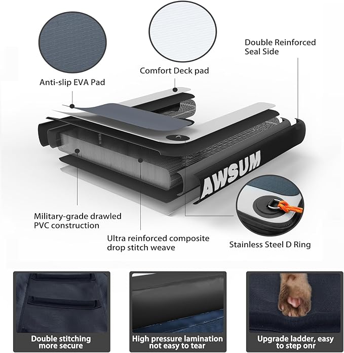 AWSUM Inflatable Dog Water Ramp Extra Large Dog Boat Ramp Floating for Dogs Up to Large 250LBS On Water Float Ladder Steps for Pool, Dock, Lake, Black/Grey