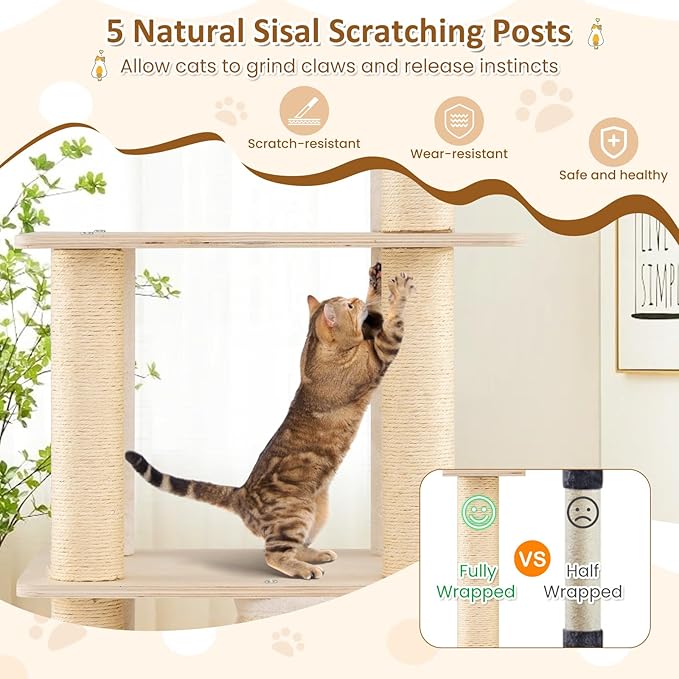 PETSITE 63 Inches Wooden Cat Tree, Multi-Level Modern Cat Tree with Sisal Scratching Posts, Two-Story Condo Covered with Sisal Exterior, Dangling Ball, Large Top Perch, and Playful Hole