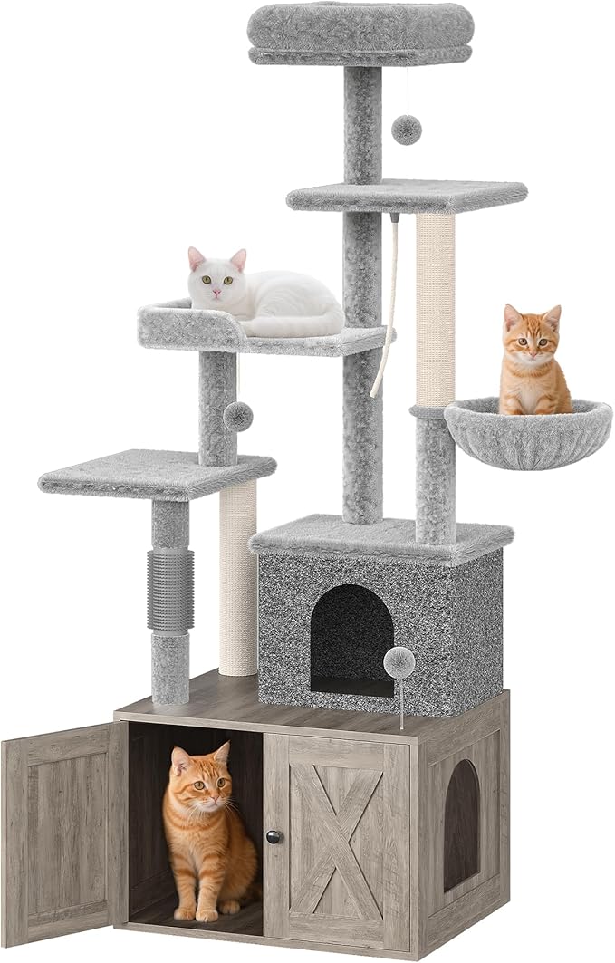 Cat Tree with Litter Box Enclosure, Hidden Cat Washroom Furniture,All-in-One Indoor Kitten House w/Scratching Posts, Multiple Platform and Condo, Modern Style Cat Tower, Hammock,Gray