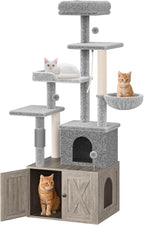 Cat Tree with Litter Box Enclosure, Hidden Cat Washroom Furniture,All-in-One Indoor Kitten House w/Scratching Posts, Multiple Platform and Condo, Modern Style Cat Tower, Hammock,Gray