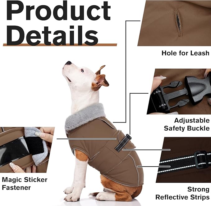 Lelepet Warm Dog Coats for Large Dogs Waterproof Dog Jacket Reflective Pet Fleece Vest Windproof Cold Weather Coats with Adjustable Buckle & Leash Hole, Brown, XL