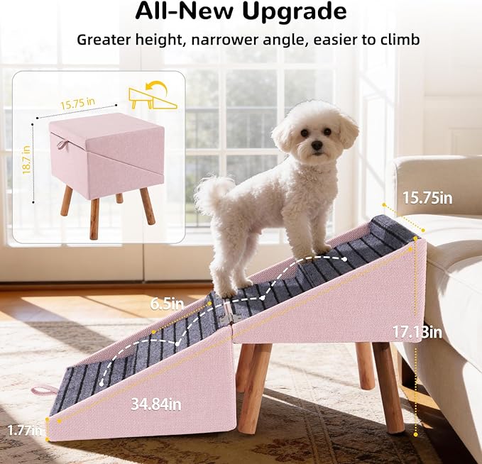 17.13" H Dog Stairs for Small Dogs, 2-in-1 Pet Steps & Ottoman - Foldable Dog Stairs for Couch, Non-Slip Wooden Pet Stairs for Puppy Senior Injured Dogs