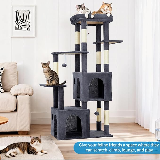 GarveeLife 61" Multi-Level Cat Tree for Indoor Cats, Heavy-Duty Tower for Large Adult & Maine Coon Cats with Oversized Perch, Dual Condos, Natural Sisal Scratching Posts & Play Toys – Dark Gray