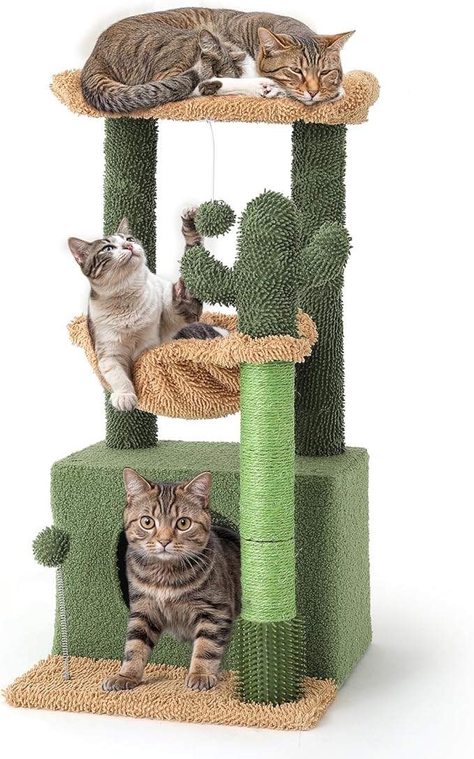 Athena Collection Small Cat Tree Tower with Scratching Post, 33.5 Inch Modern Cute Cat Tree Condo with Cozy Perch Hammock Hanging Ball for Kittens Indoor, Cactus Shade, Green