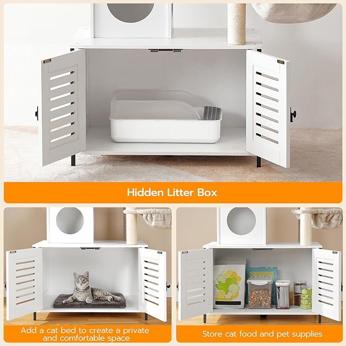 HOOBRO Cat Tree with Scratching Posts, Cat Tower Litter Box Enclosure Furniture for Indoor Cats, All-in-One Wooden Cat House Condo with Cat Hammock, Detachable Teaser Sticks, White BW14MZ03
