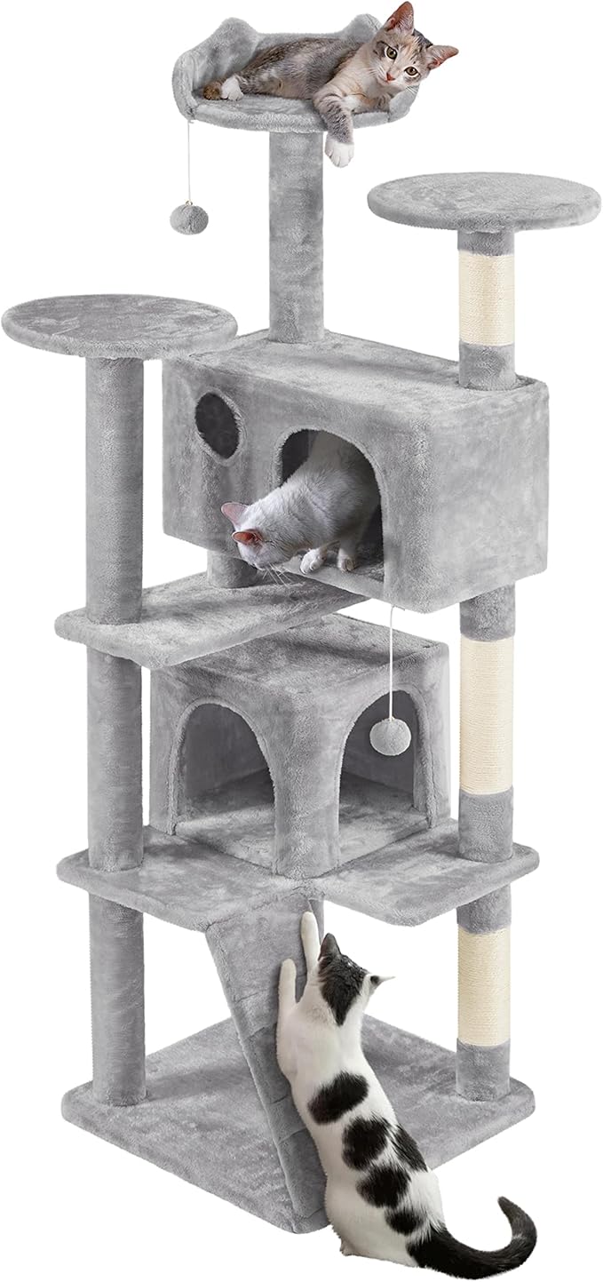 Topeakmart 70in Cat Tree, Multi-Level Cat Tower with Scratching Post Dangling Ball and Condos Cat Furniture for Indoor Cats, Light Gray