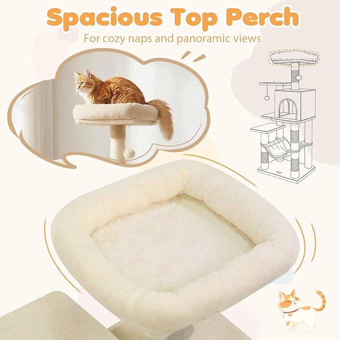 Tangkula Cat Tree Tower, 44 Inch Multi-Level Cat Tower with Sisal Scratching Posts, 2-Door Condo, Padded Top Perch & Hammock, 2 Hanging Balls, Jumping Platforms for Indoor Cats (Beige)