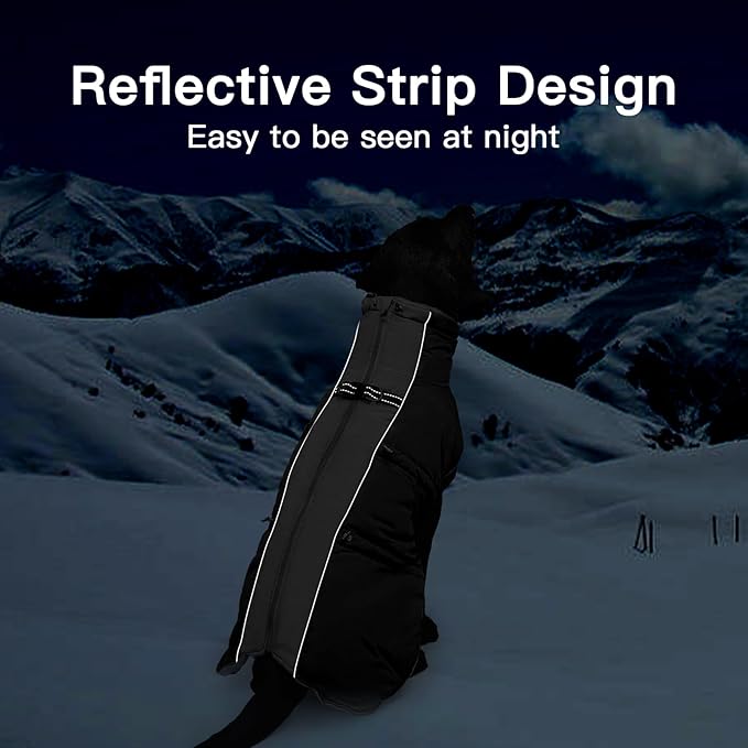 Dog Winter Jacket - Large, Warm Zip Up Snowsuit Dog Harness Vest, Reflective, Water-Resistant, Black