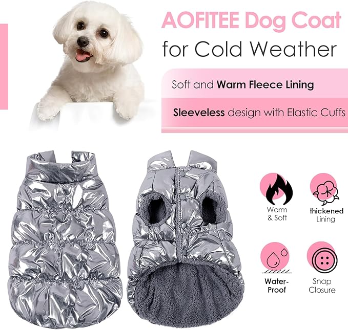 AOFITEE Dog Coat, Small Dog Coat Winter, Waterproof Dogs Jacket, Warm Fleece Dogs Snowsuit Pet Puffer Jacket, Windproof Pet Fleece Vest, Female Male Pets Cold Weather Coats Snow Jackets, Silver, L