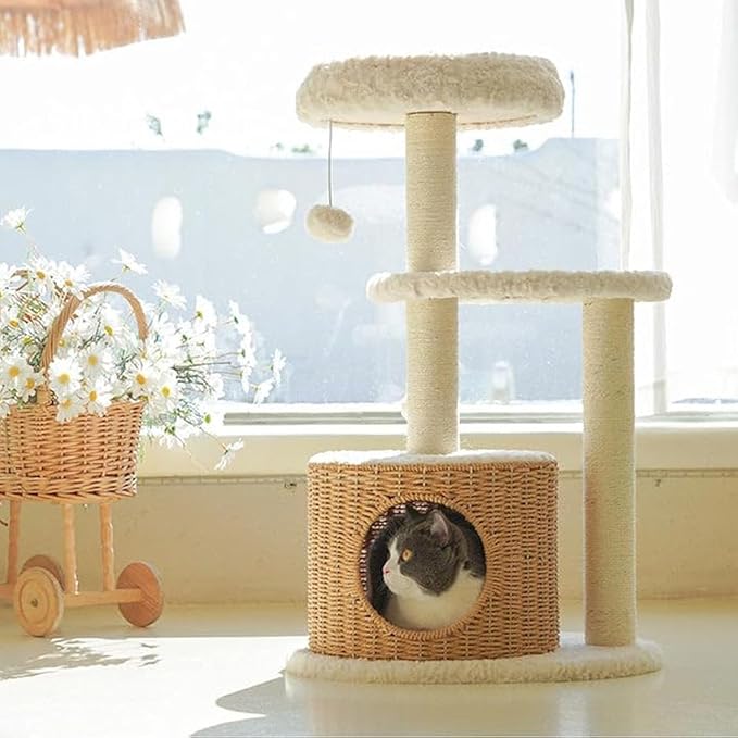 Happy & Polly 33.1" Cat Tree Tower - Condo with Scratching Posts Luxury Cozy House Indoor for Cats, Multi-Level Play Activities Platform Soft Perch