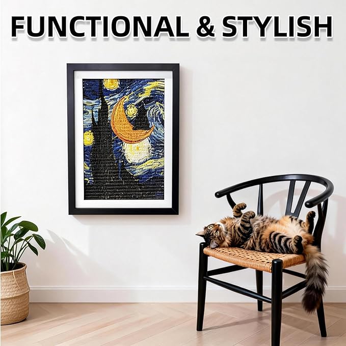 Wall Art Cat Scratcher Mat - Sisal Vertical Cat Scratch Pad with Photo Frame Design, No-Drill Wall-Mounted, 16"x12" Wall & Couch Cat Scratching Mat, 1 Extra Mat Included Free (Pond-Side Cat)