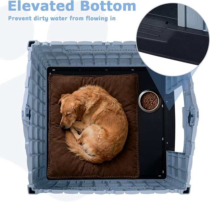PUKAMI Large Dog House Outdoor Indoor, Plastic Dog House Weatherproof for Large Dogs, Sturdy Puppy Shelter with Air Vents and Elevated Floor, Easy Clean and Assemble (Blue, 31.5"D x 33.5"W x 33.9"H)