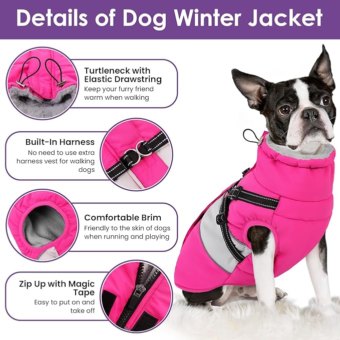 SUNFURA Dog Winter Coat, Waterproof Dog Coat Jacket with Harness for Medium Dogs Boys Girls, Reflective Fleece Lined Pet Snow Jacket Sweaters for Pug, Jack Russel, Boston Terrier, Hot Pink M