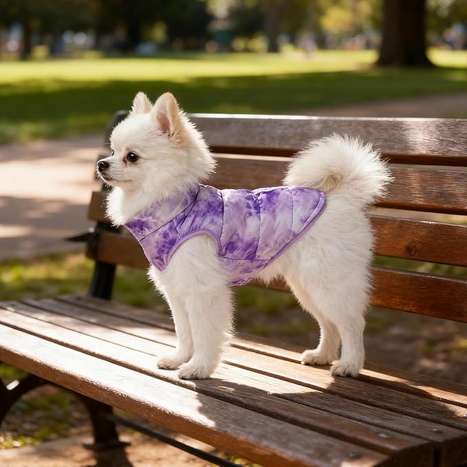 Idepet Pet Dog Cat Coat with Leash Anchor Color Patchwork Padded Puppy Vest Jacket Teddy Chihuahua Costumes Pug Cloth XS S M L(X-Large,Purple Tie-dye)
