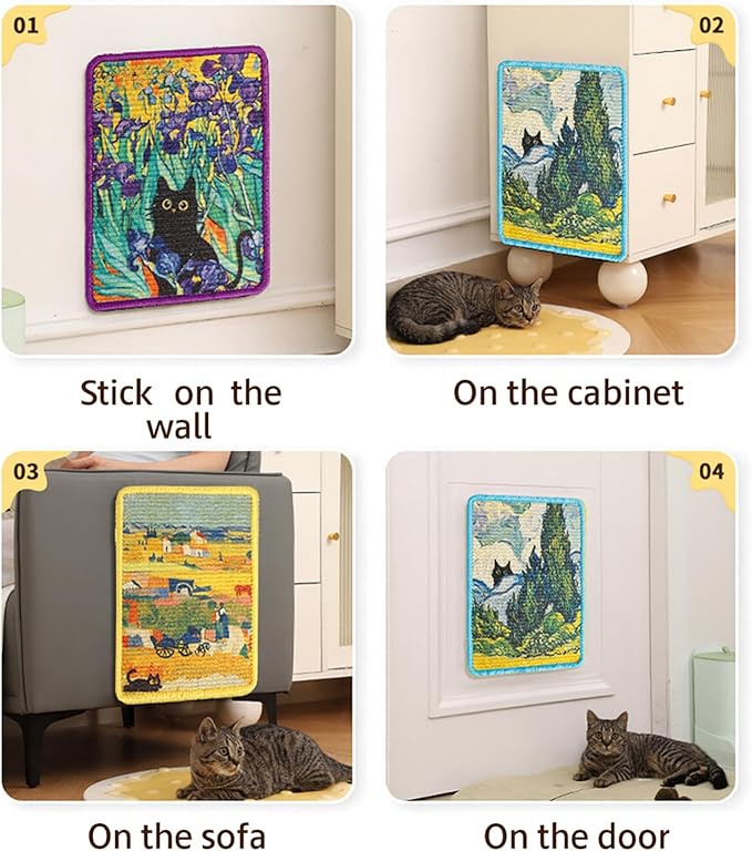 Cat Nail File Scratching Board, Natural Art Cat Scratcher, Wall-Mounted, Corner-Mounted, or Floor-Mounted, 15" x 12" Sisal Mat for Nail Trimming and Furniture Protection (Yellow Harvest)
