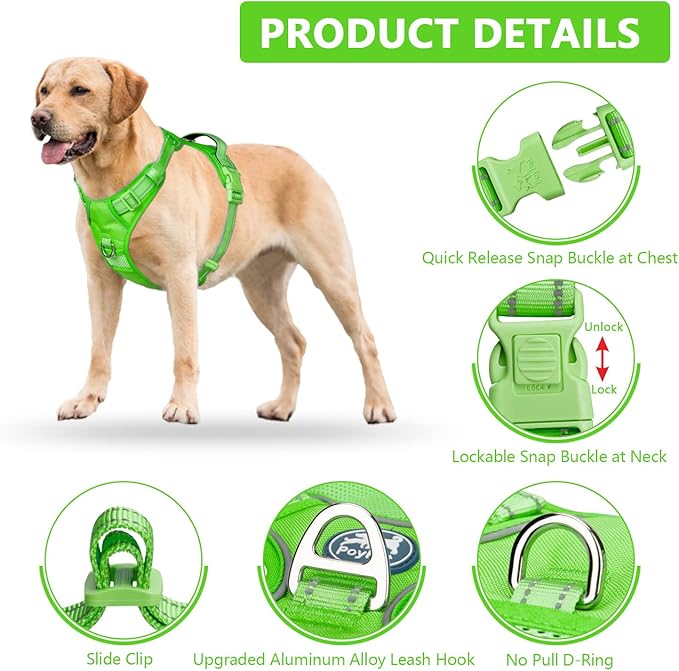 PoyPet No Pull Dog Harness, No Choke Reflective Dog Vest, Adjustable Pet Harnesses with 2 Leash Attachments with Easy Control Padded Handle for Small Medium Large Dogs(Green Matching Trim,S)