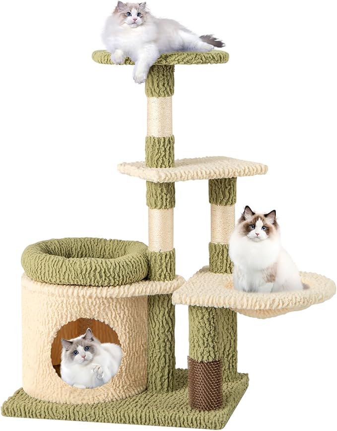 Tangkula Cute Cat Tree, Multi-Level Aesthetic Kitten Tower with Sisal Scratching Posts, Condo, Bed, Padded Plush Cushion, Self Groomer, Hammock, Perch, Green Small Cat Tree Tower for Indoor Cats
