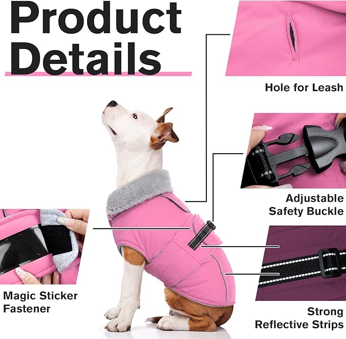 Lelepet Warm Dog Coats for Medium Dogs Waterproof Dog Winter Jacket Reflective Pet Fleece Vest Windproof Cold Weather Coats with Adjustable Buckle & Leash Hole, Pink, M