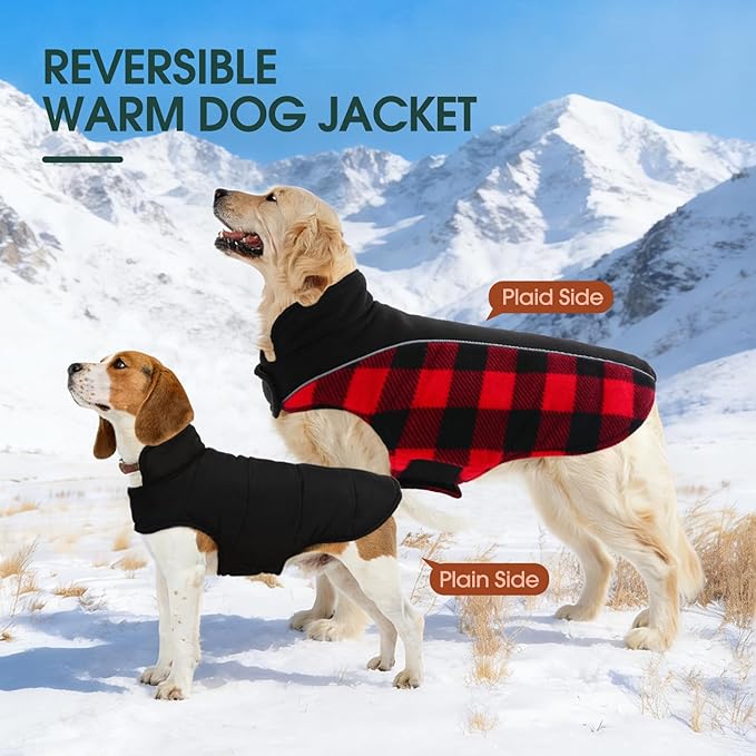 Kuoser Dog Winter Coat, Reversible Waterproof Dog Jacket with Leash Hole, Warm Dogs Fleece Vest Adjustable Doggy Cold Weather Clothes Plaid Christmas Outfit Pet Apparel for Large Dogs, RedBlack L