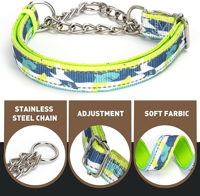 Reflective Martingale Dog Collar - No-Pull Adjustable Training Collar with Soft Nylon & Chain, Shark Pattern for Medium, Large & XL Dogs (Shark XL)