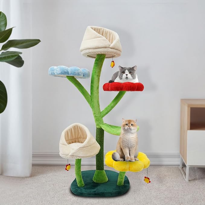 Tall 64 Inch Multi-Level Large Cat Tower - Modern Flower Tree With Resting Platforms, Scratching Posts for Large/Small Climbing, Activity Center Playground