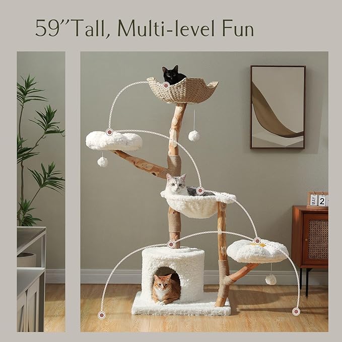 Cat Tree for Indoor Cats Large Adults, 59 Inches Modern Cat Tower with Large Basket and Hammock, Natural Solid Wood, Luxury Condo & Dual Perches, Modern Cat Furniture for Big Cats, White