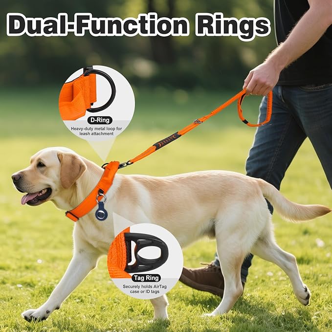 Joytale Tactical Dog Collar for X-Large Dogs with Control Handle, Heavy Duty Military Training Collar for Power Breeds, AirTag Holder Case, Quick Release Metal Buckle, Soft Padded, XL, Orange