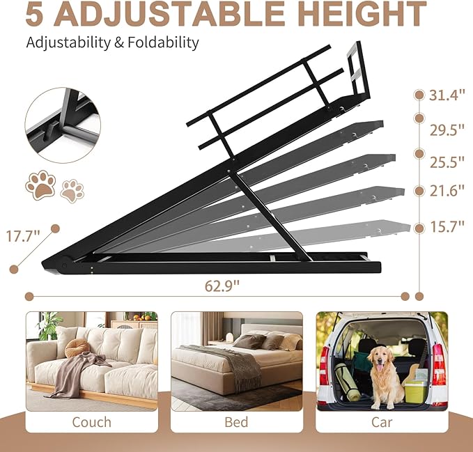 SLSY Dog Ramp for High Beds & Couch, 63" Folding Adjustable Pet Ramp with Non-Slip Rubber Mat, 5 Height Levels (15.7"–31.4"), Portable Dog Stairs for Large Dogs up to 250 lbs, Black